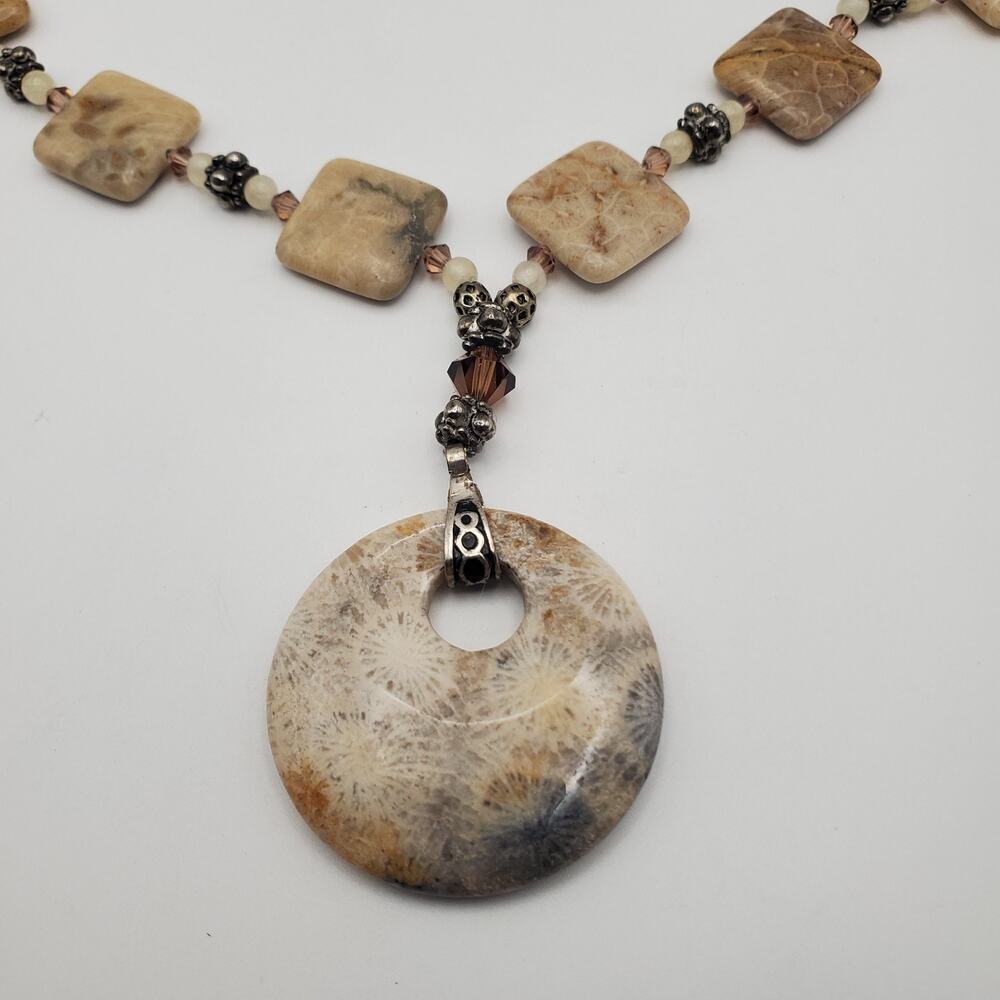 Artisan Hand Crafted Fossil Petoskey Stone Crystal Silver Tone Necklace 18" - Picture 2 of 10
